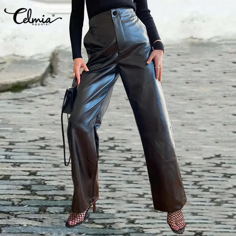 Celmia PU Leather Women Pants 2020 Fashion High Waist S-5XL Long Palazzo Solid Wide Leg Trousers Casual Loose Pantalon Femme Celmia PU Leather Women Pants 2020 Fashion High Waist S-5XL Long Palazzo Solid Wide Leg Trousers Casual Loose Pantalon Femme