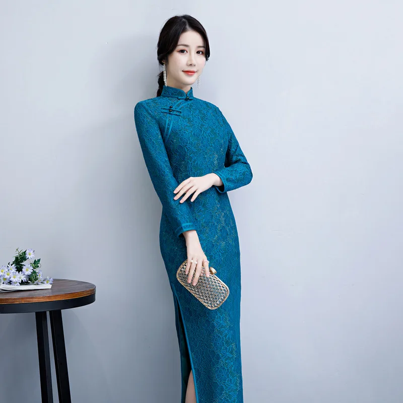 Китайское элегантное вечернее платье тонкий длинный Qipao ручной работы Кнопка Qipao Плюс размер M-4XL сексуальные кружева Чонсам с высоким разрезом
