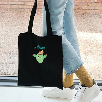 

Be Brave Series Cactus Print Green Plants Folding Shopping Bag Casual Women Canvas Tote Bag Eco Reuse Kawaii Shoulder Bags