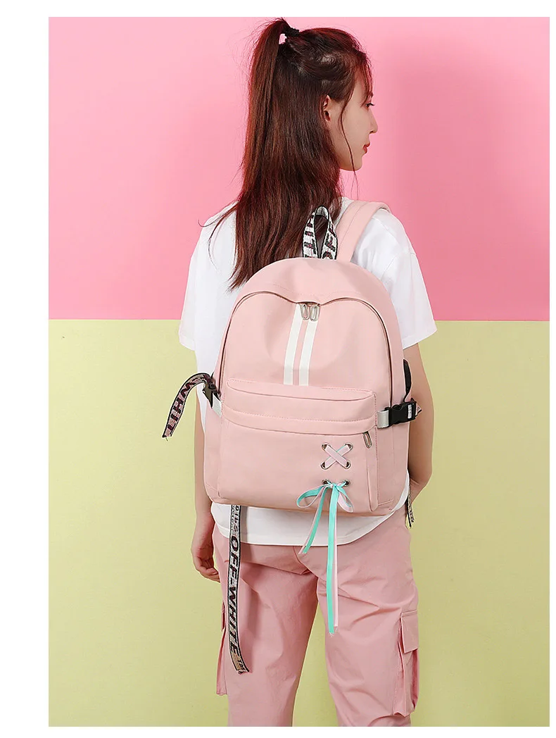 2019 Brand Design Women Casual Nylon Backpack Purse Teenager Girls Pink School Bags Ladies Bow Backpack Big Travel Rucksack Bags (18)