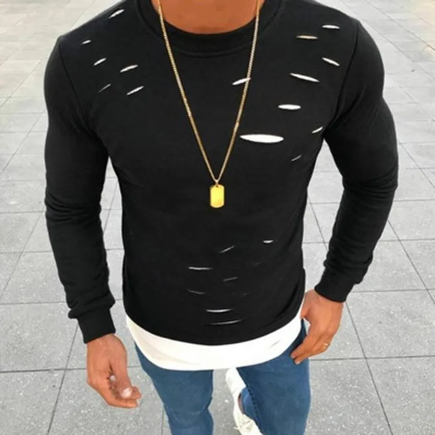 Для мужчин мальчик с длинным рукавом шикарные рваные отверстия Slim Fit хлопковая футболка черный, розовый, желтый топы новинка A66