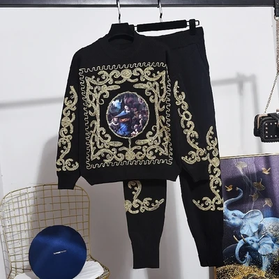 Осенне-зимний женский свитер, модный Свободный вязаный свитер с вышивкой, пуловер+ длинные штаны, повседневный комплект из двух предметов для женщин - Цвет: Black