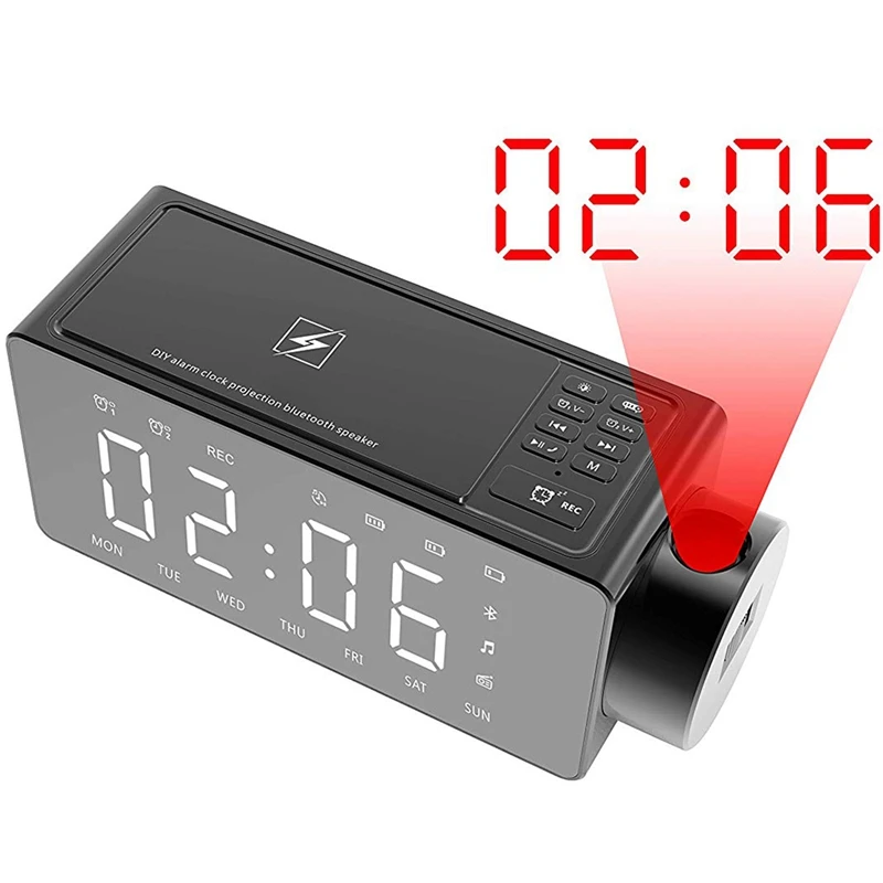 Проекционный Будильник Bluetooth динамик с беспроводной зарядкой Diy рингтон, один щелчок повтора, Bluetooth динамик вызова, fm-радио Au