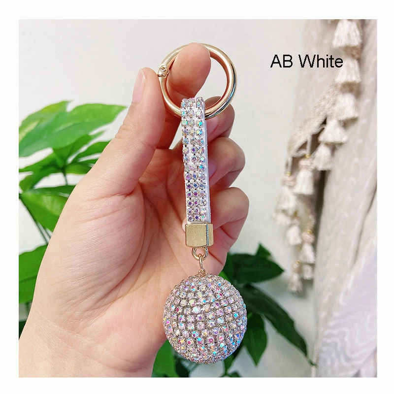 Elegant Crystal Round Ball Keychain Full Rhinestone Leather Strass Lanyard Bag Charms Pendant Car Key Ring Holder Jewelry Gift