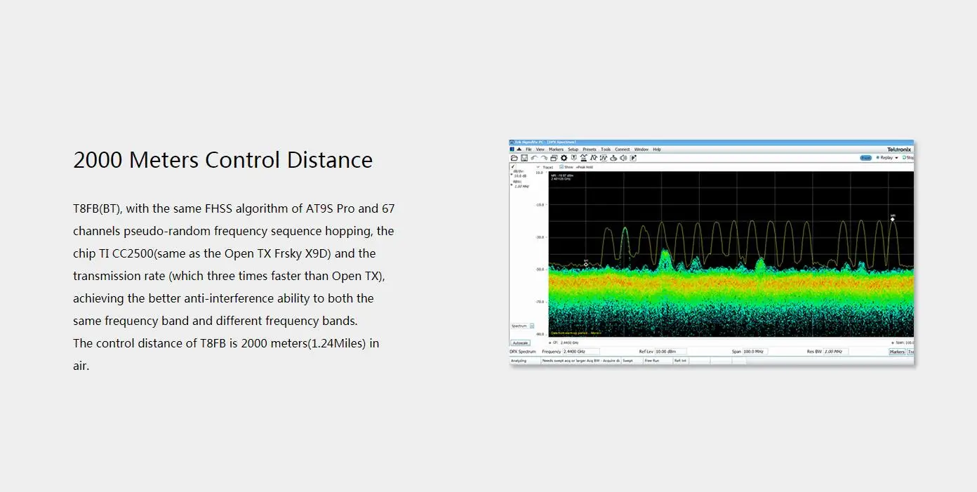 Radiolink T8FB, the control distance of T8FB(BT) is 2000 meters(1.24Miles