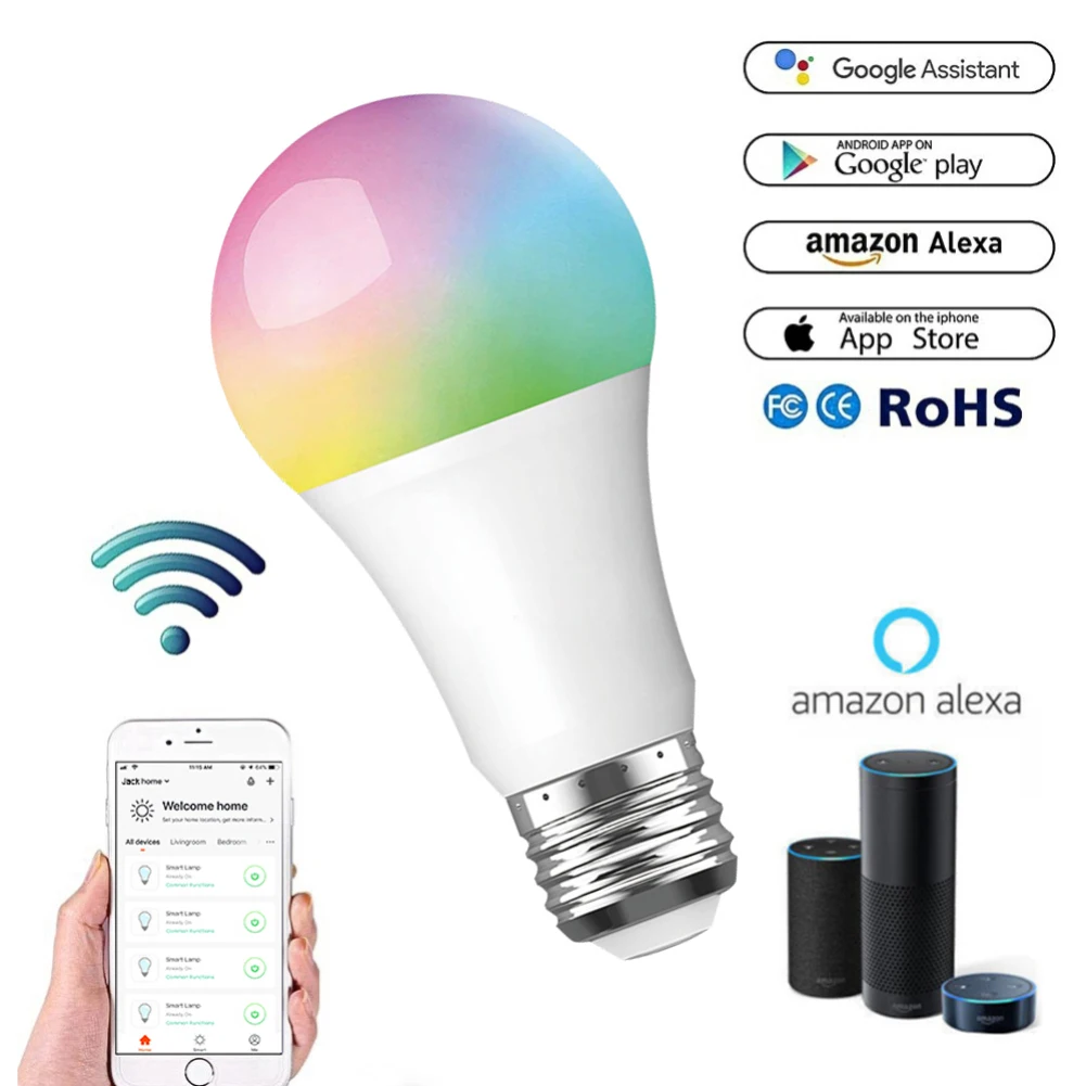 WiFi умный светодиодный светильник E27 10 Вт/11 Вт RGB+ W с регулируемой яркостью, беспроводной голосовой пульт дистанционного управления, работает с Alexa Google IFTTT