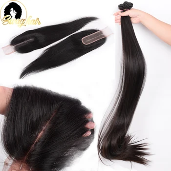 

Swag Hair Straight Human Hair Bundles With 2x6 Lace Closure 3 Pcs With Kim K Closure 100% Brazilian Remy Hair Extensions