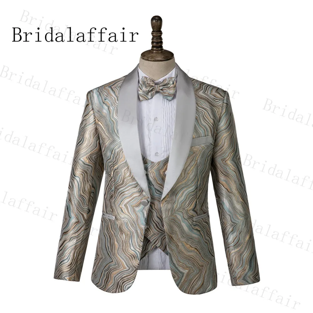 Bridalaffair Высокое качество Мужские костюмы серебро на заказ дизайн рок Stratum Jacqaud Формальные костюмы мужские свадебные костюмы 3 шт