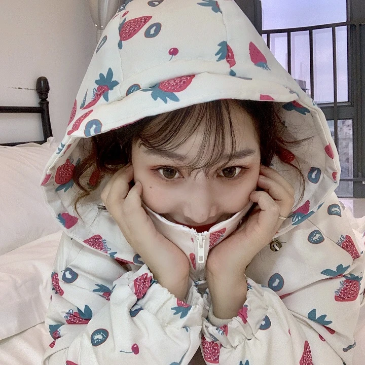 Woherb Women's Harajuku Parkas Kawaii Jacket Strawberry Print Winter Padded Coats Women Japanese Fashion Outwear Loose Coat