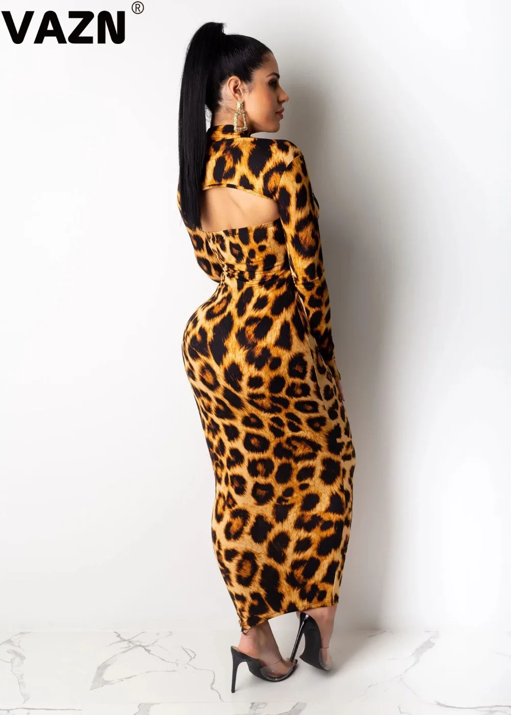 VAZN YWJR0729 Горячие Необычные Открытые Сексуальные вечерние леопардовые Длинные рукава Мини Топ Макси платье эластичный Женский комплект из 2 предметов