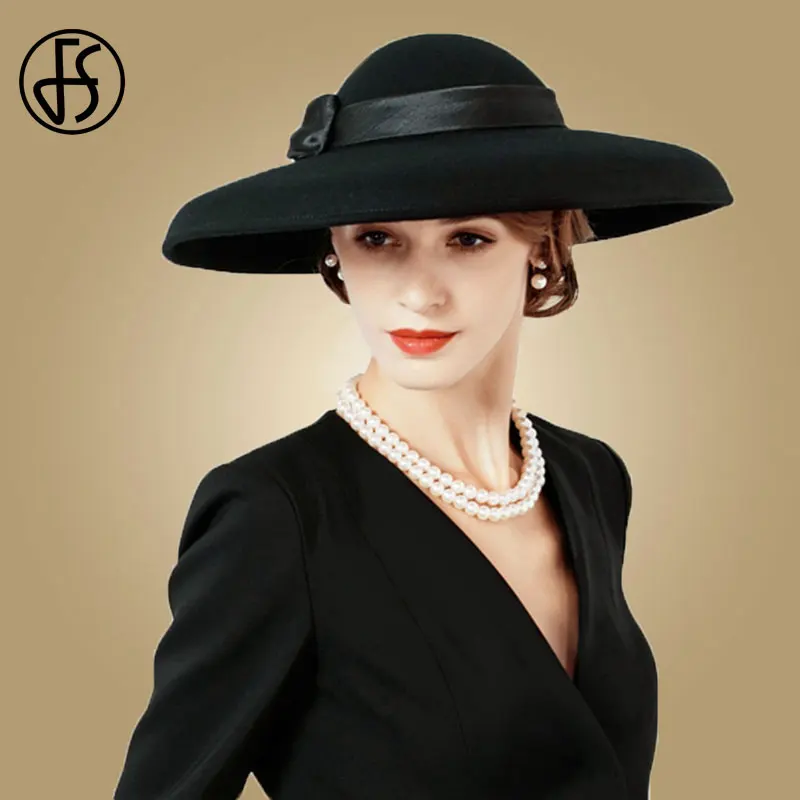 Black Fedora FS Черные Свадебные шляпы с большими полями для женщин, винтажные австралийские фетровые шляпы с бантом, Женская широкая Кепка-котелок - Цвет: Black Fedora