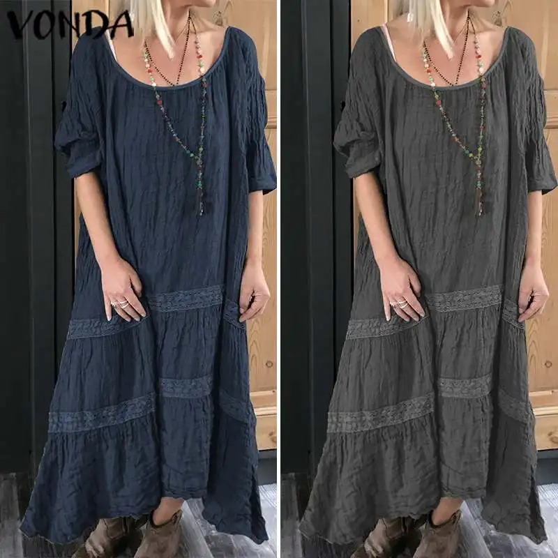 VONDA женское платье с коротким рукавом и круглым вырезом, однотонная хлопковая рубашка, свободное платье с оборками, длинное платье макси, большие размеры, вечерние платья