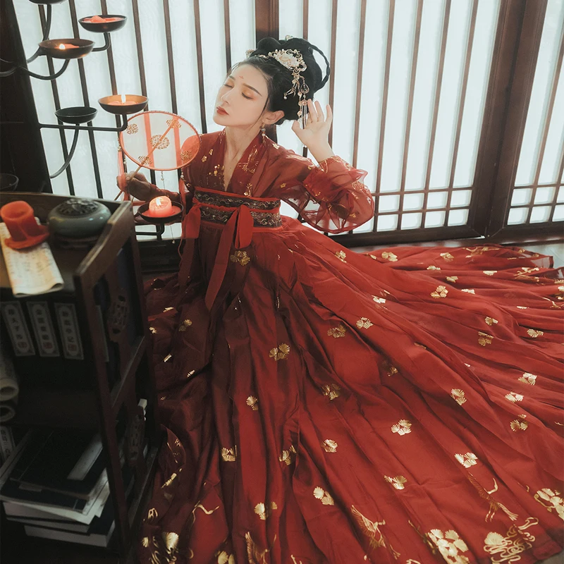 Красное платье Hanfu, костюм для народных танцев, китайский традиционный Национальный костюм феи, костюм древней династии Хань, наряд принцессы для сцены SL1719