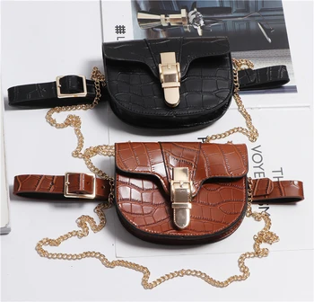 

Women elegant French style bag belt snakeskin alligator pattern PU designer belts black brown gold chians new 2019