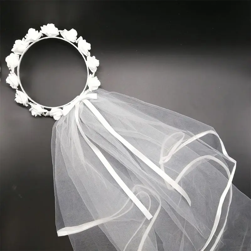 

Women Bridal Veil White Flower Hair Wreath Garland Wedding Headband Crown Adjustable Lace Up Ribbon Bachelorette Party Accessory