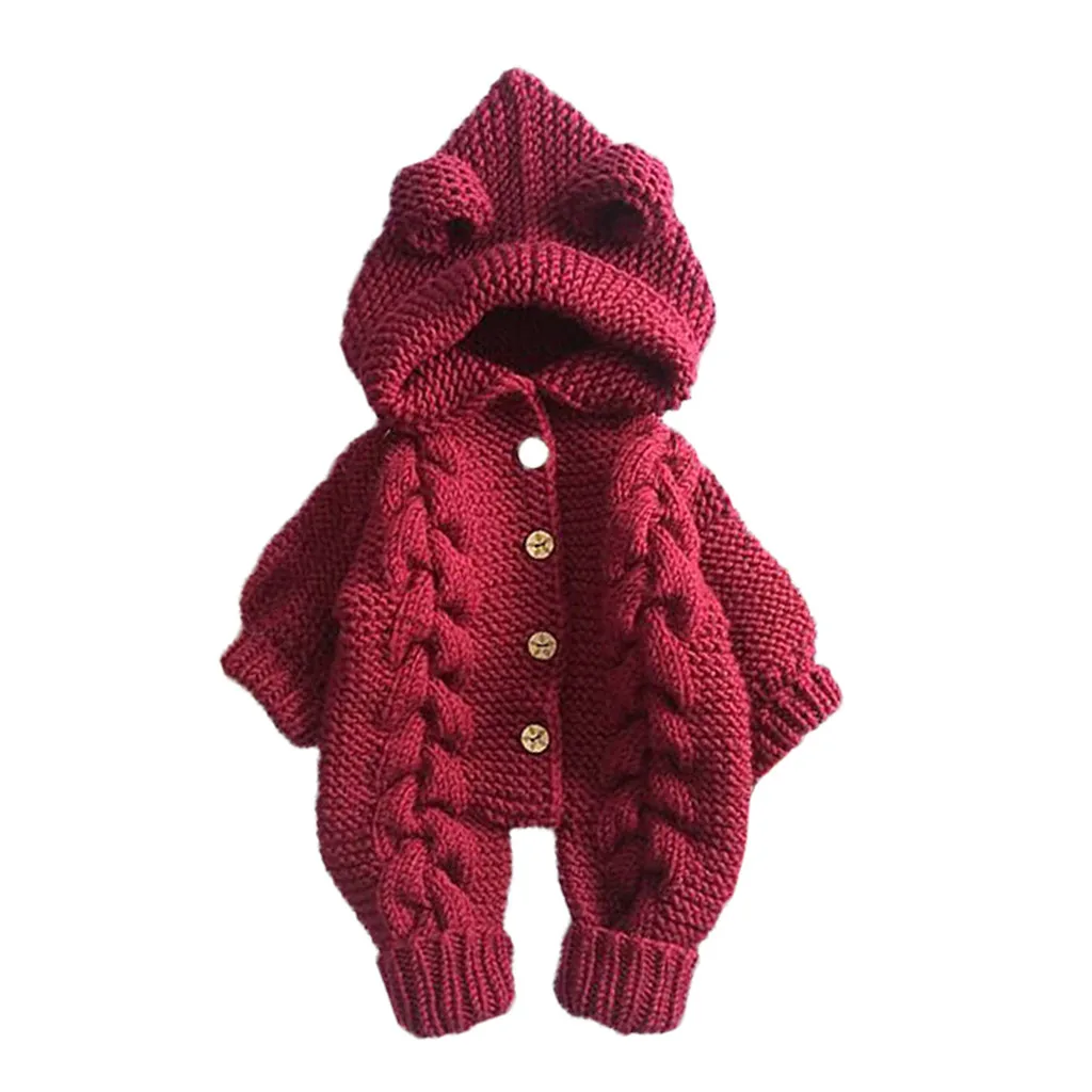 Зимнее теплое пальто для новорожденных девочек и мальчиков трикотажная верхняя одежда, комбинезон с капюшоном, качественный Рождественский трикотажный комбинезон с длинными рукавами для малышей - Цвет: Red