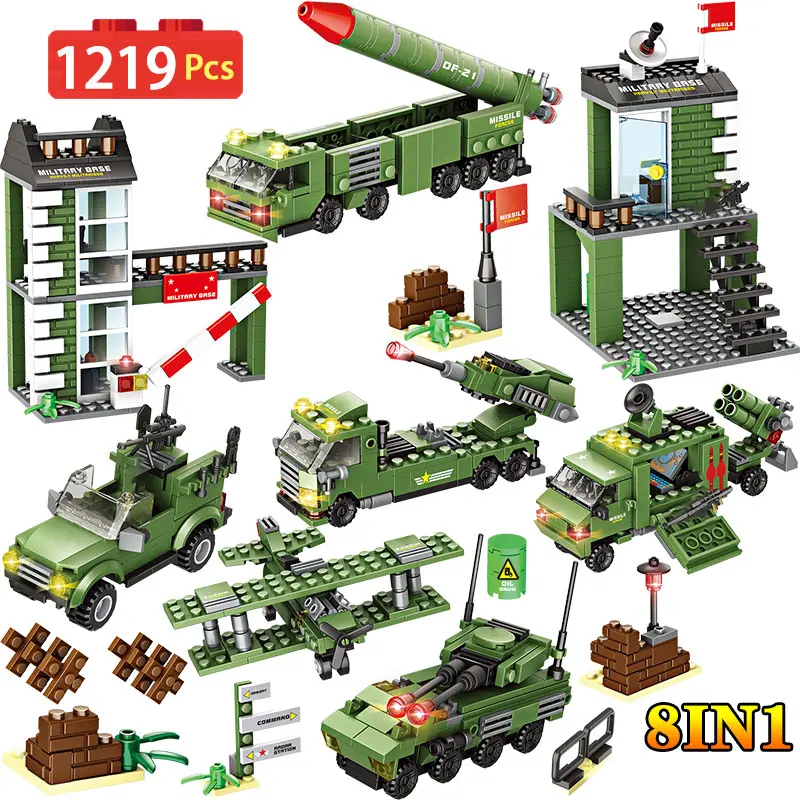 

1219pcs City War Forces Truck Battle Bricks Commander WW2 Military Base Model 8 IN 1 Building Blocks Toy for Boys