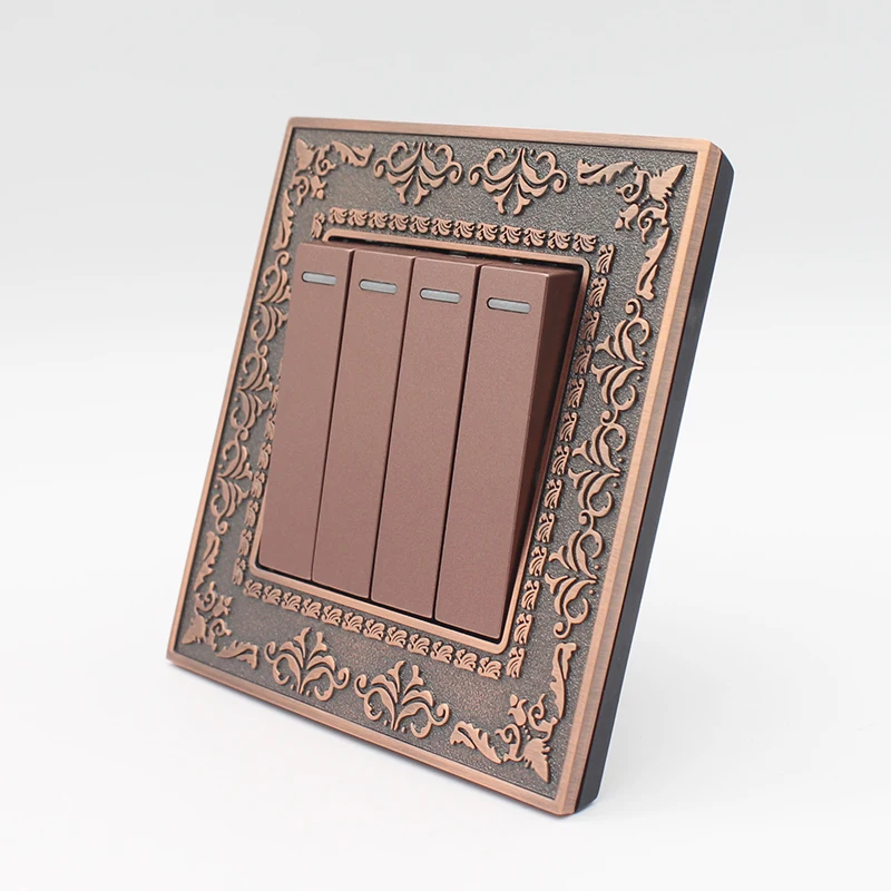 

Zinc Alloy Metal Panel 4 Gang 1 Way Wall Switch 4D Embossing Retro Luxury On / Off Light Switch 16A AC 110~250V