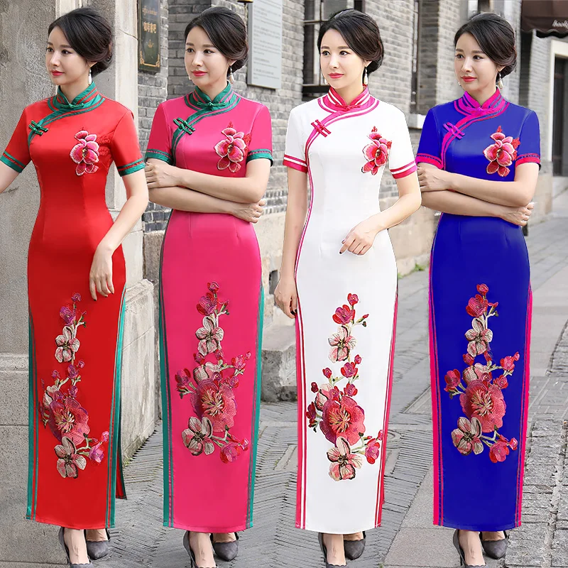 Red Women Cheongsam Short Sleeve Qipao Chinese Style Elegant Long Party Dress Luxury Bodycon Dress Gown Vestido S-XXXL