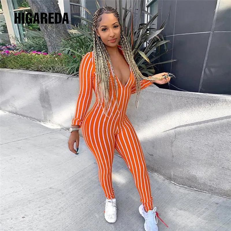

women jumpsuits fitness casual long sleeve V-neck female trouser striped skinny slim sportswear home street new 2019