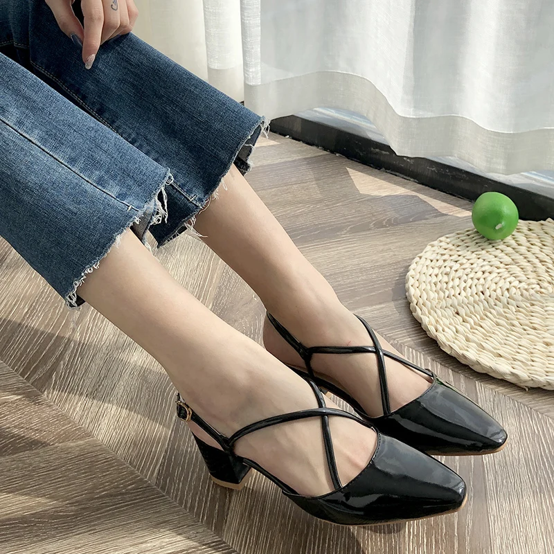 

Spring 2020 Women Heel Shoes Exposed heel cross strap ankle buckle stylish and elegant Temperament banquet women's shoes U22-74