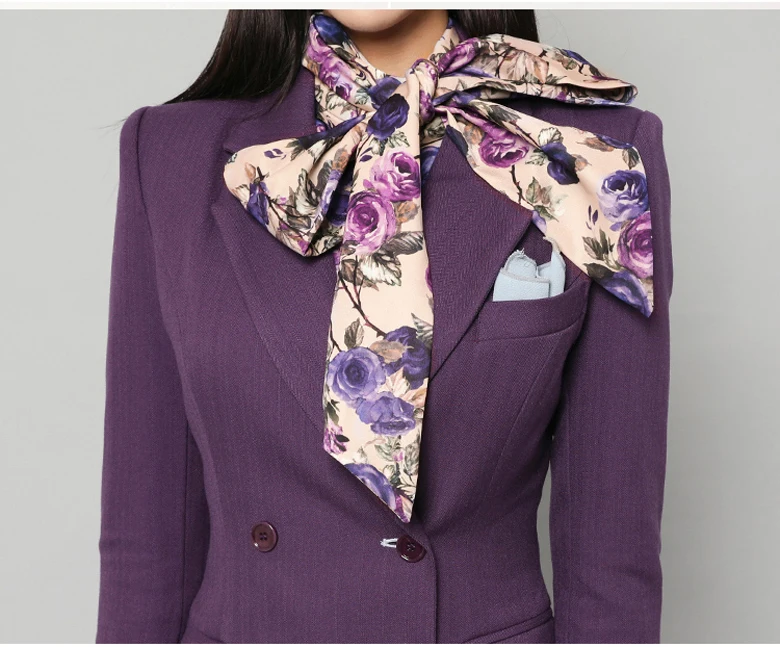 QoerliN Pants Suits Women Purple Long Sleeve Blazer Double Breasted Jacket Skinny Straight Pants Full Length 2 Piece Office Wear