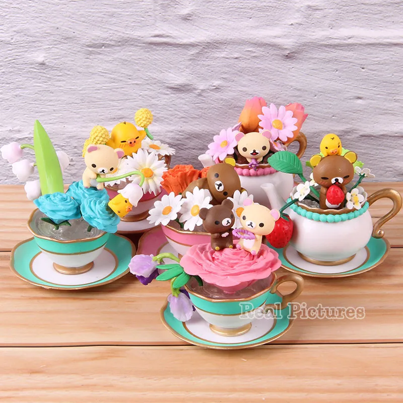 Медвежонком-рилаккумой Цветочный чай чашка Rilakkuma Рисунок ПВХ Фигурки Коллекционная модель игрушки украшения подарки 6 шт./компл