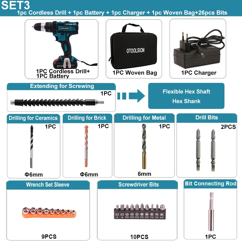 21 в ударная аккумуляторная отвертка 1600 об/мин высокоскоростные сверла аккумуляторная батарея дрель Бытовая дрель электроинструменты с сверлами - Цвет: SET3 (1 pc battery)