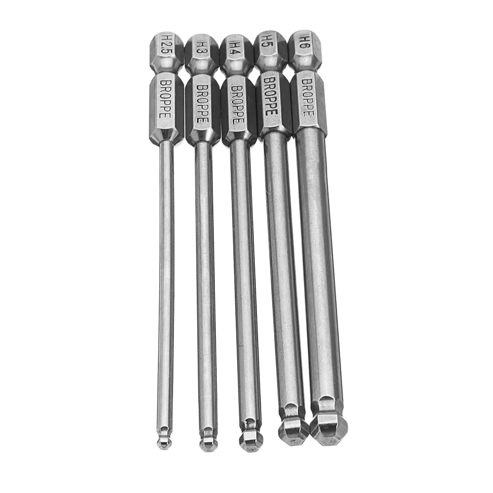 

Broppe 5Pcs 2.5/3/4/5/6mm 100mm Magnetic Ball Screwdriver Bits 1/4 Inch Hex Shank for Metal Working