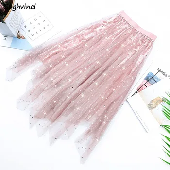 

Skirts Women Sequined Mesh Skirt Solid Colorful Slim Casual All-match Fashion Elegant Simple Womens Comfortable Chic Daily New