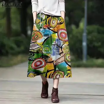 

2020 Summer Bohemian Printed Skirts ZANZEA Vintage Cotton Long Skirts Women Elastic Waist Party Vestidos Female Sundress Robe