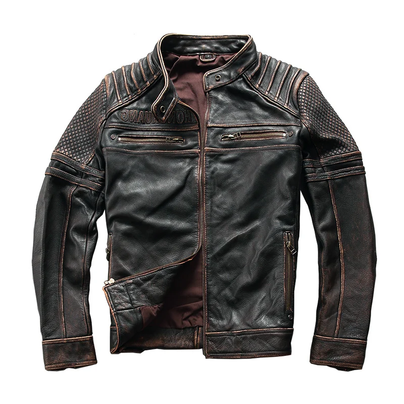 

2020 Vintage Brown Men Slim Fit Biker's Jacket Plus Size XXXL Genuine Cowhide Spring Short Motorcycle Leather Coat