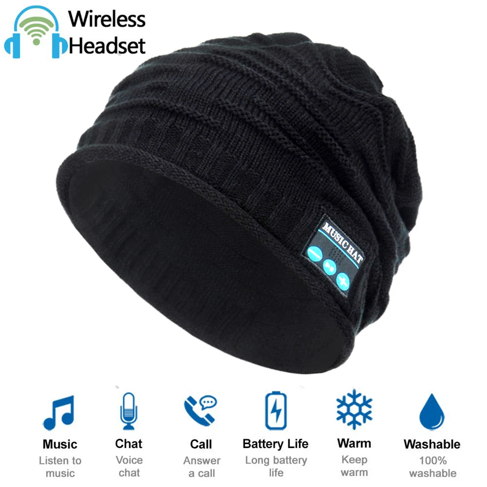 Черный Beanie Hat Беспроводная Bluetooth V5.0 Beanie Hat Beanie стереонаушники Встроенный микрофон зимняя уличная спортивная стерео музыкальная шапка - Цвет: Черный