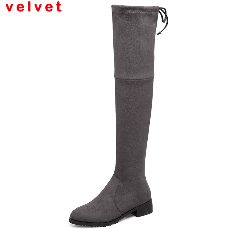 Dark Grey-Velvet Haoshen& Girl/женские Зимние Замшевые Сапоги выше колена высокие сапоги на низком каблуке теплые тонкие высокие сапоги с круглым носком размер 33-46 - Цвет: Dark Grey-Velvet