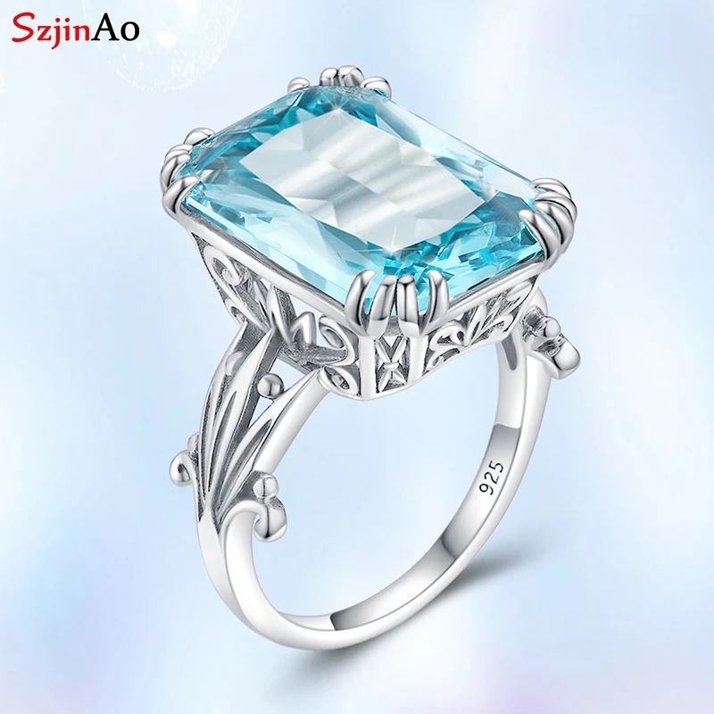 Women Heart Aquamarine Ring 925Silver Wedding Jewelry Sapphire Zircon Blue Topaz