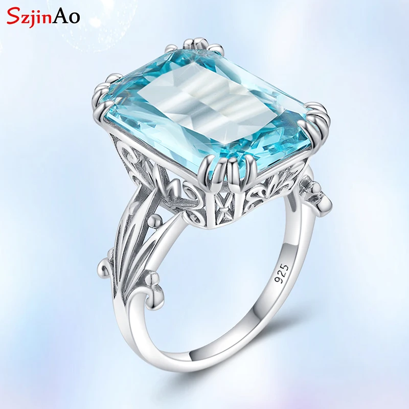 

Szjinao Real 925 Sterling Silver Aquamarine Rings For Women Sky Blue Topaz Ring Gemstones Silver 925 Jewellery Christmas Gift