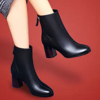 

Plus Size 35-52 Nice New Vintage Ankle Boots Women Autumn Classics PU Leather Shoes Woman High Heels Female Zipper Rain Boot