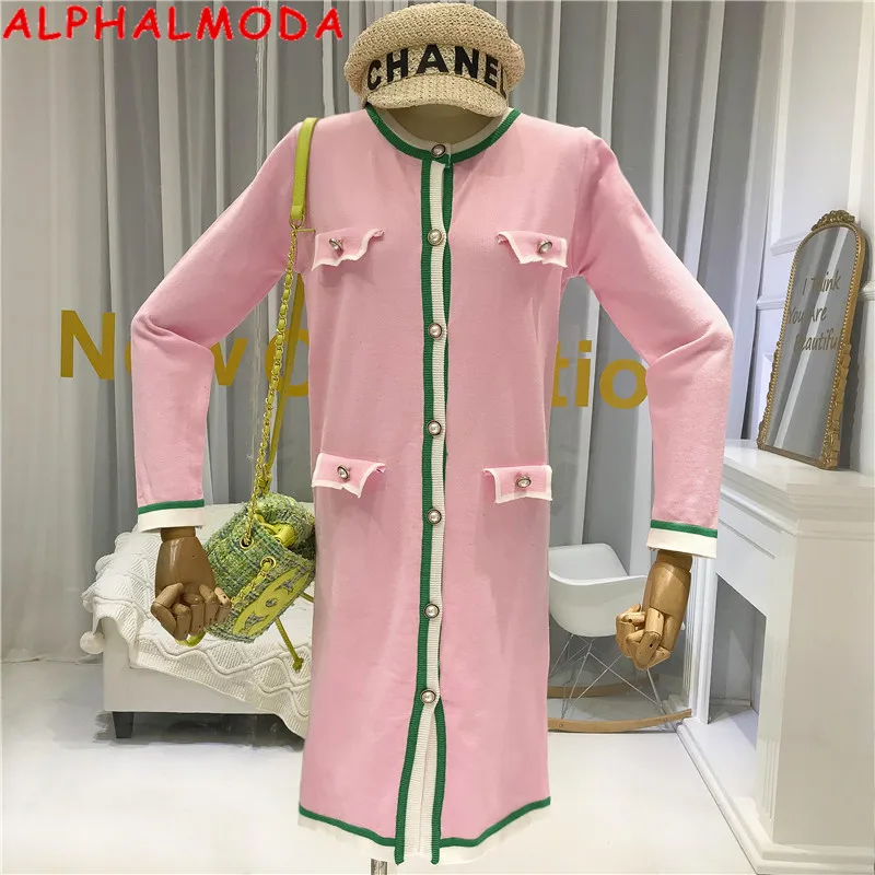 

ALPHALMODA Autumn 2019 Retro Sweet Pearl Button Long Sleeve Knitted Dress Contrast Color Faux Pocket Women Vintage Knit Dress