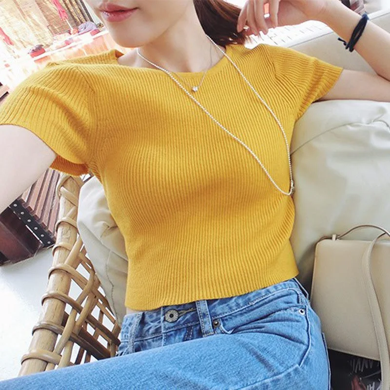 Summer Women 2019 Arrival O Neck Tshirt Short Sleeve Knitted Cropped Top Female Fashion T Shirt | Женская одежда