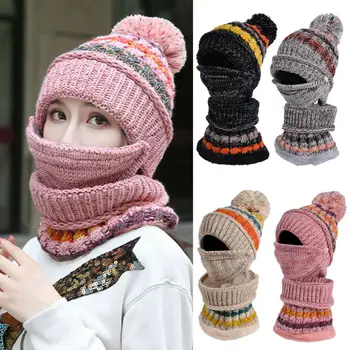 

Meihuida Autumn Winter Women Soft Knitted Elastic Pom Beanie 3-Set Hat Scarf Mask Neck Outdoor Activity Casual Thermal Ski Cap