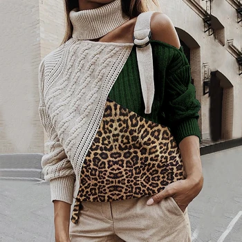

Leopard Patchwork Turtleneck Sweater Women Sexy Off Shoulder Color Block Leopard Knitted Sweaters Batwing Long Sleeve Strapless