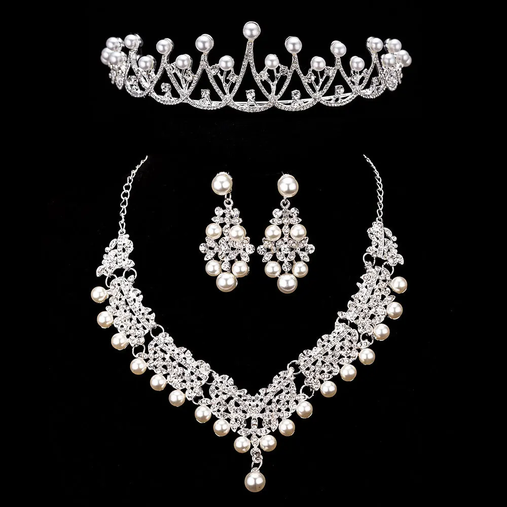 3PCS Set 6 KMVEXO 3 шт. великолепные жемчужные свадебные комплекты ювелирных изделий для невесты женский костюм невесты Кристальные Тиары Корона ожерелье серьги наборы - Окраска металла: 3PCS Set 6
