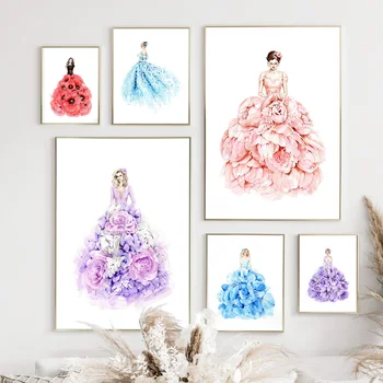 

Pretty Flower Evening Dress Paris Model Girl Wall Art Canvas Painting Nordic Posters And Prints Wall Pictures For Living Room