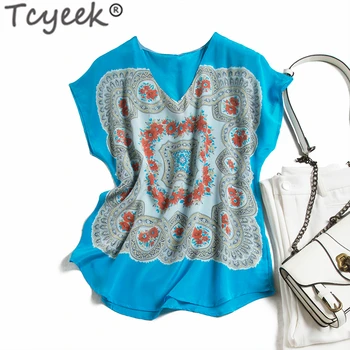 

Tcyeek Vintage Real Silk Female T-shirt Harajuku Floral T Shirt Women Clothing 2020 Korean Boho Sleeveless V Neck Tshirt Tops C7