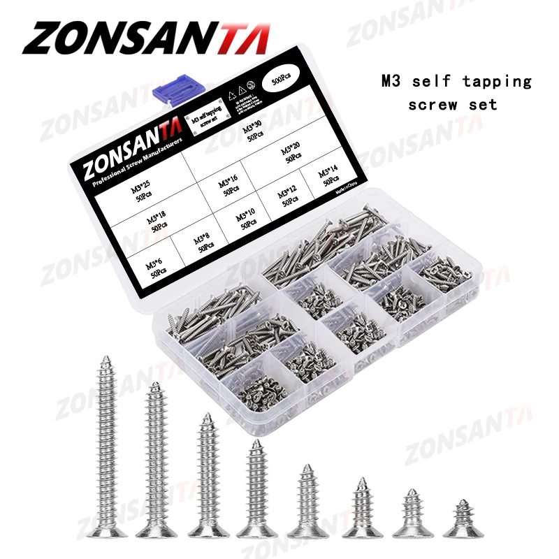 Zonsanta Kit de Parafusos de Madeira para Unha 500 Peças Cabeça Plana Rosqueada Parafusos de Fibra de Escareado