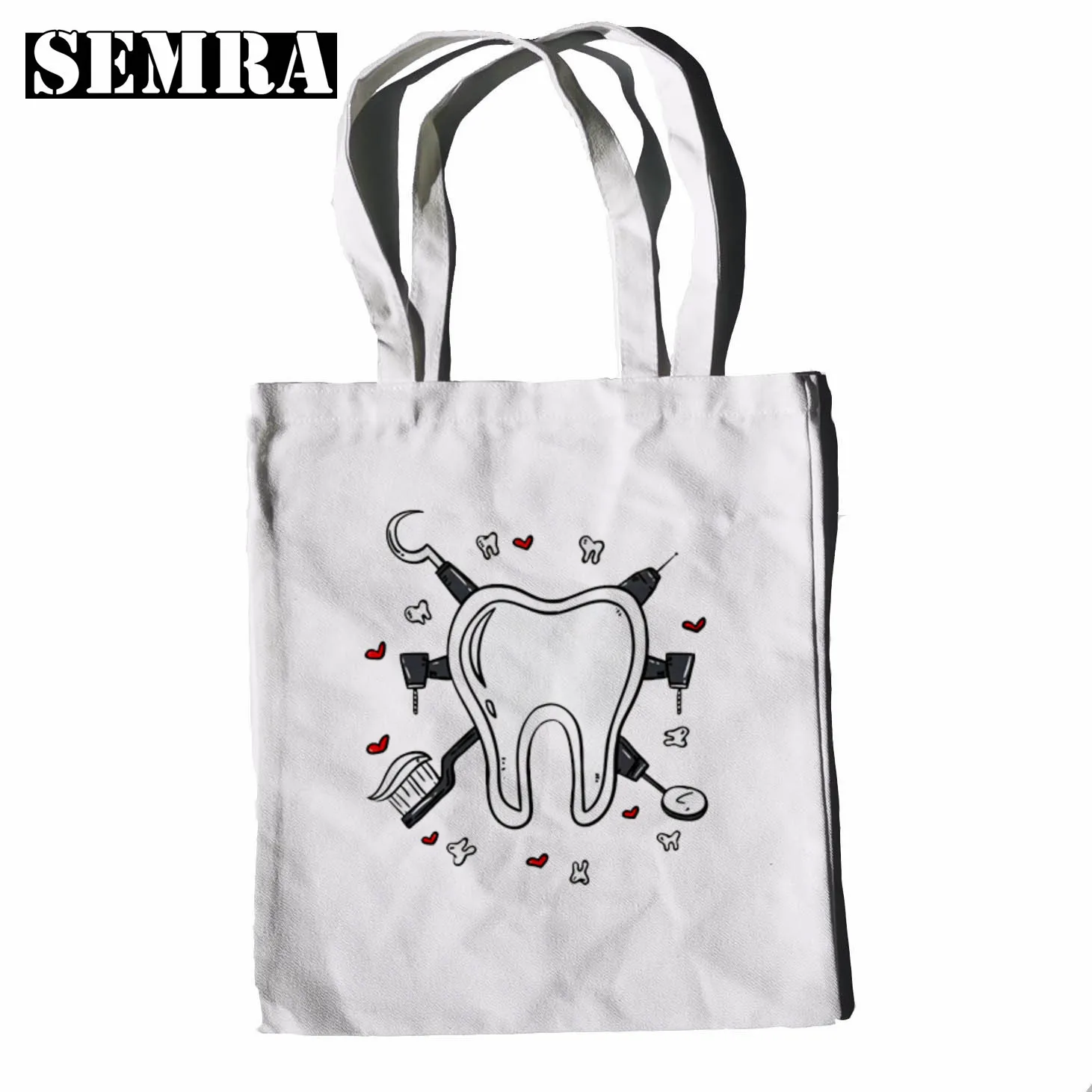 Tooth and Dentist Graphic Aesthetic Funny Fashion Black Canvas Print Shopping Bags Girls Fashion Life Casual Pacakge Hand Bag ladies shoulder bags Shoulder Bags