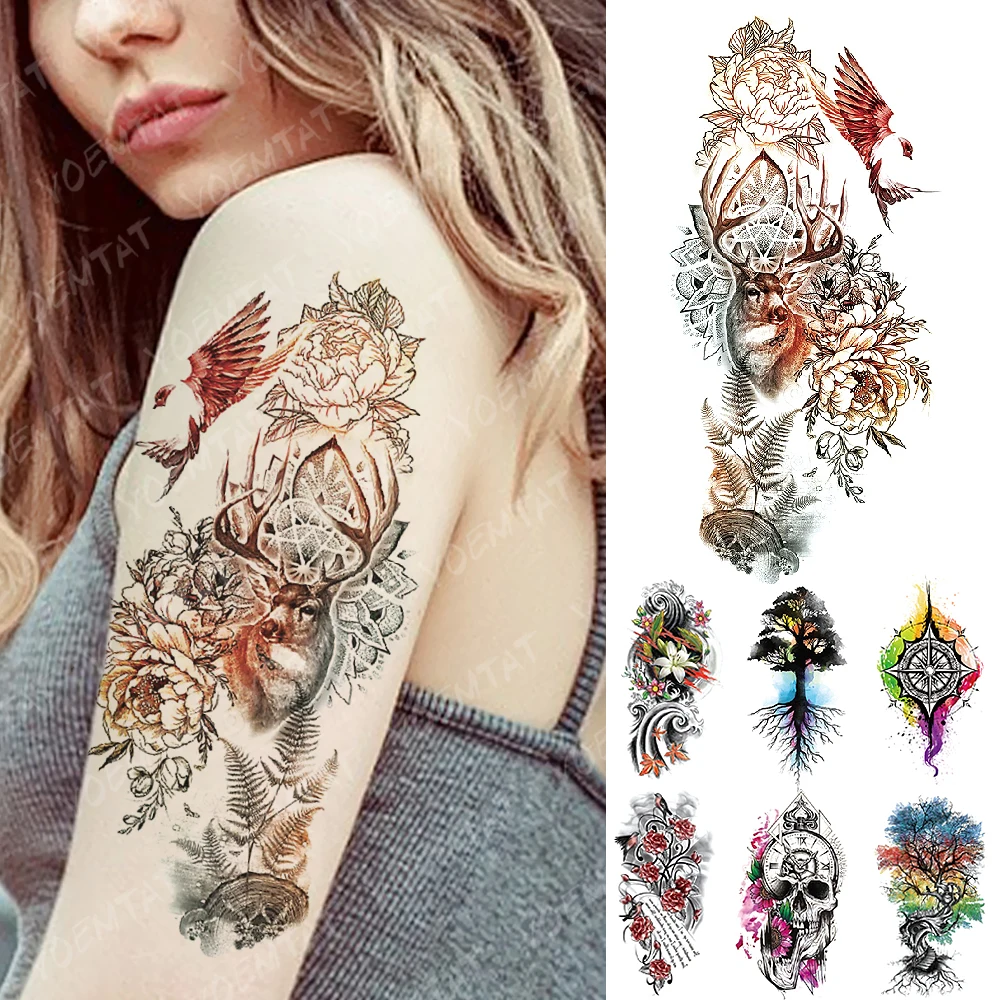 Waterproof Temporary Tattoo Sticker Forest Deer Bird Skull Flower Flash Tattoos Color Family Tree Body Art Arm Fake Tatoo Women | Красота и