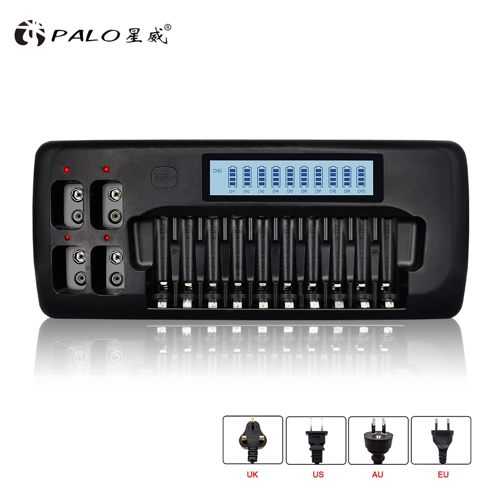 

PALO 14-Slots LCD Smart battery Charger for 1.2V AA AAA Rechargeable Battery 9V Ni-MH Ni-CD Lithium-ion rechargeable batteries