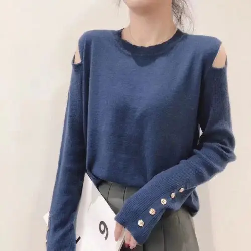 off shoulder Осенняя и зимняя трикотажная рубашка с открытыми плечами и длинным рукавом, пуловер, свободный джемпер, кашемировая рубашка, женский свитер на пуговицах - Цвет: off shoulder