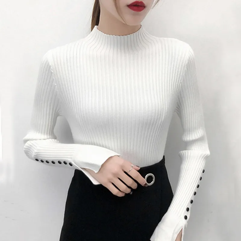 

Autumn Women's Korean Version Of The Half-high Collar Was Thin Speaker Sleeve Button Sleeve Sweater